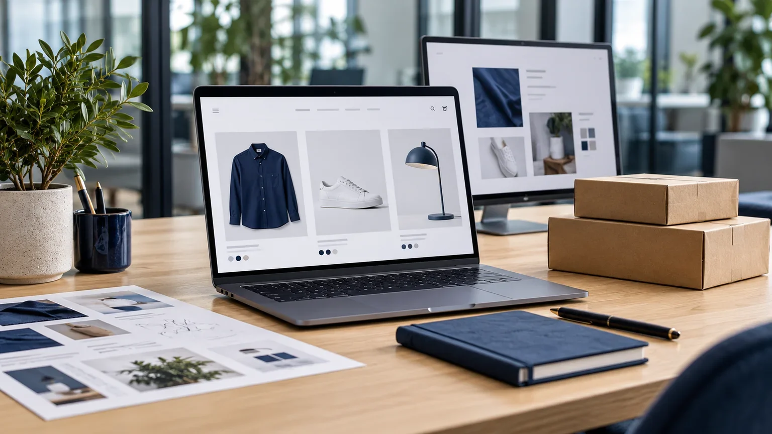Editorial image of an ecommerce planning workspace with a product catalogue, shipping parcels and brand planning materials