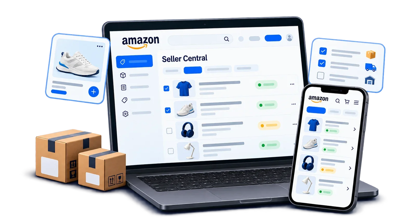 Illustrative Amazon Seller Central catalogue on a laptop and phone with product cards and shipping parcels