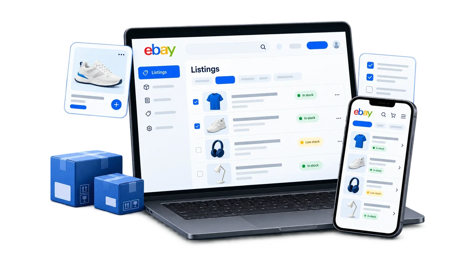 Illustration of an eBay store management workspace showing product listings, inventory and order activity across desktop and mobile screens.
