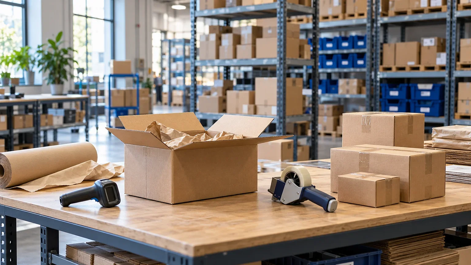 AI-generated editorial image of an organised warehouse packing station with shipping boxes, a barcode scanner and stocked shelving