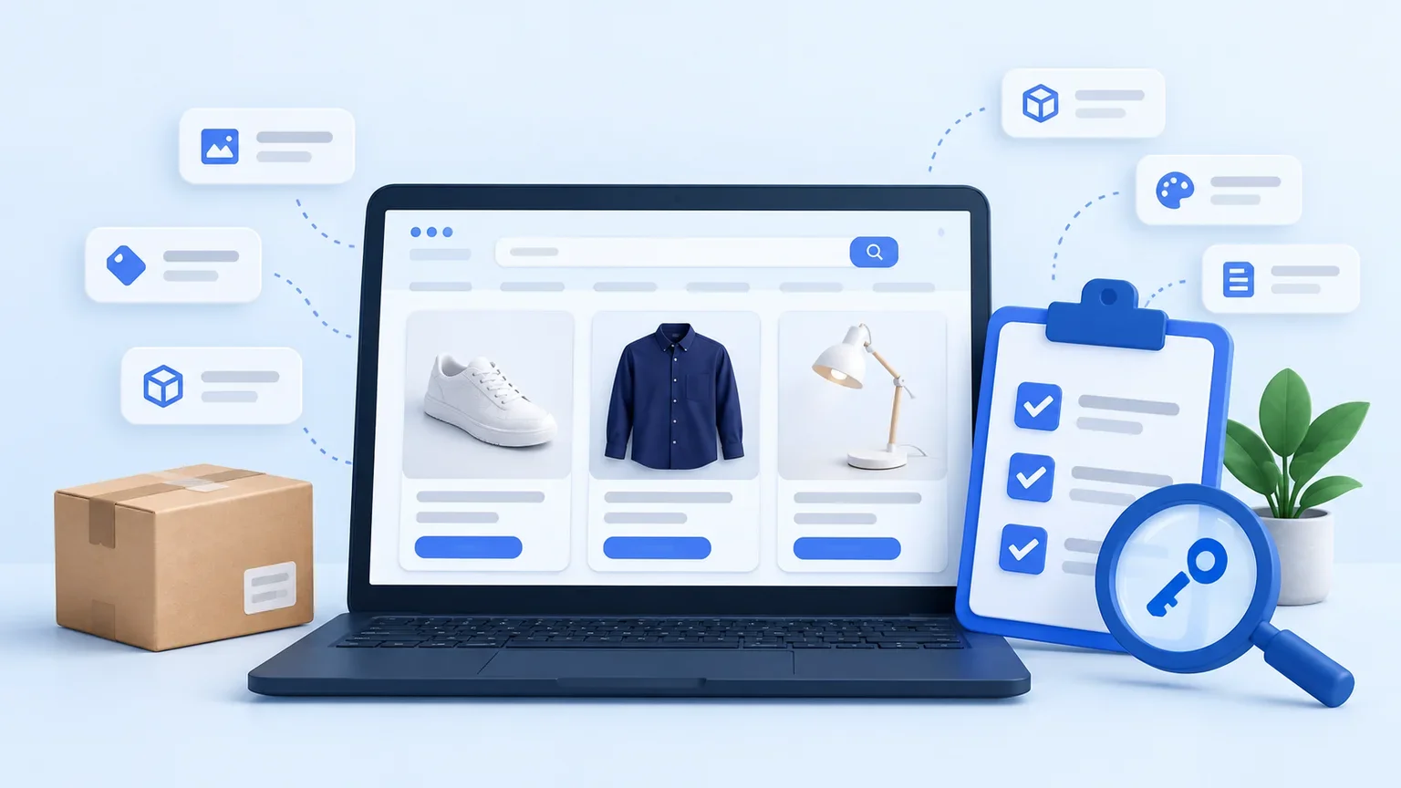 Illustration of product catalogue cards on a laptop with a listing checklist, search icon and shipping parcel