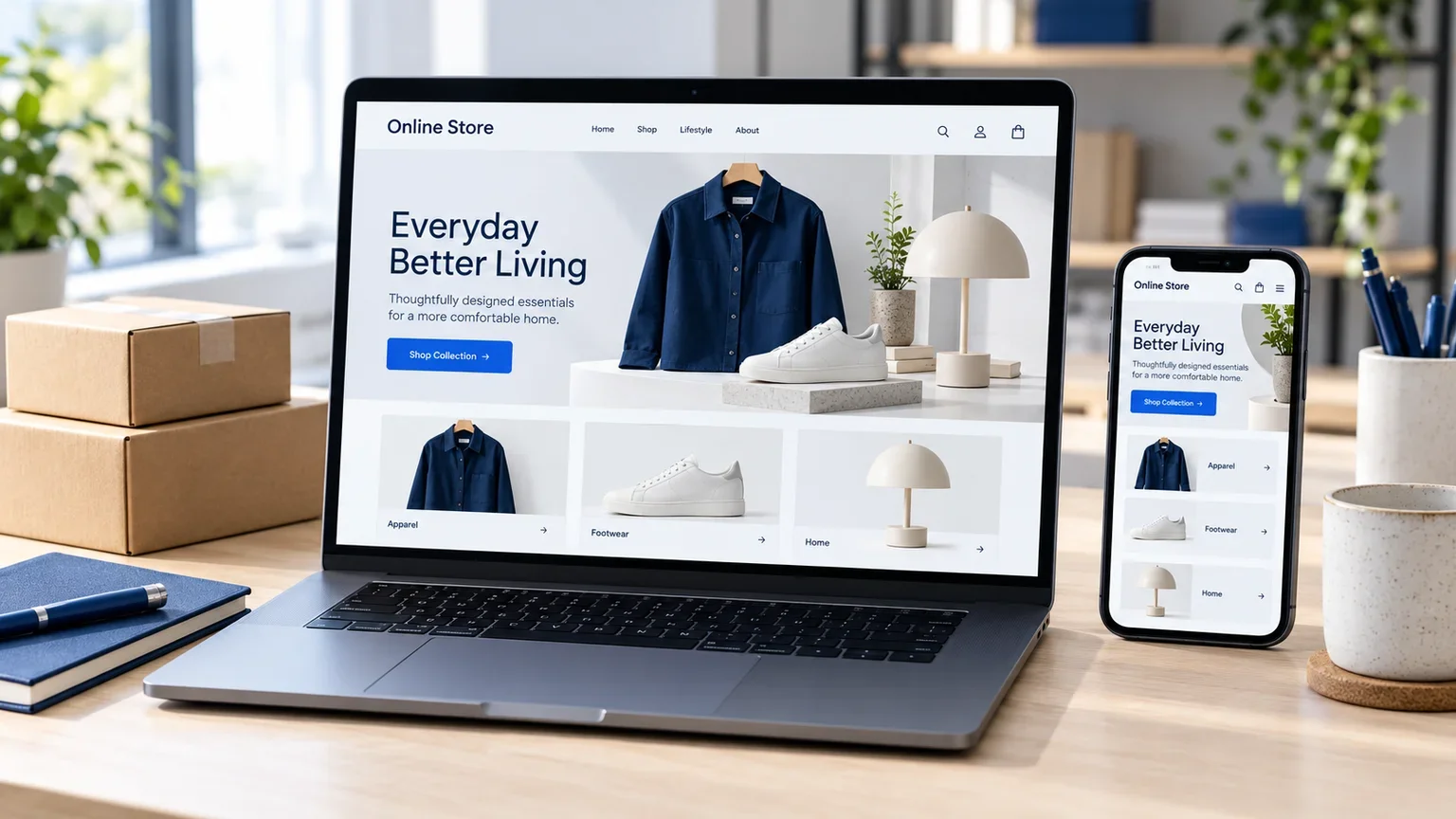 Realistic editorial image of a laptop and smartphone displaying an illustrative online storefront beside shipping parcels