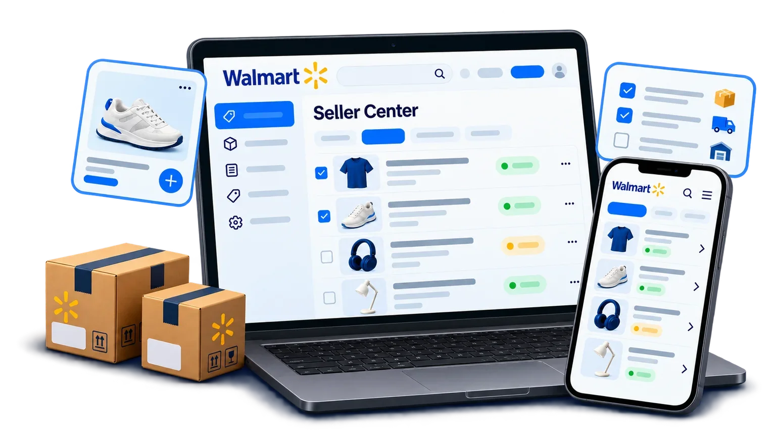Illustrative Walmart Seller Center catalogue on a laptop and phone with product cards, inventory checklist and shipping parcels