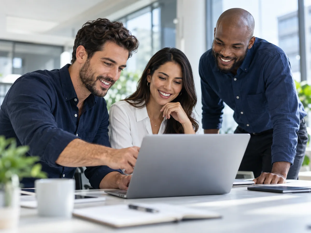 Illustrative commerce team collaborating around a laptop